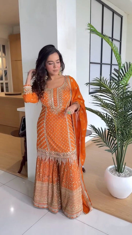 "Elegant Sequins: Foux Gorgette Top & Sharara Set"