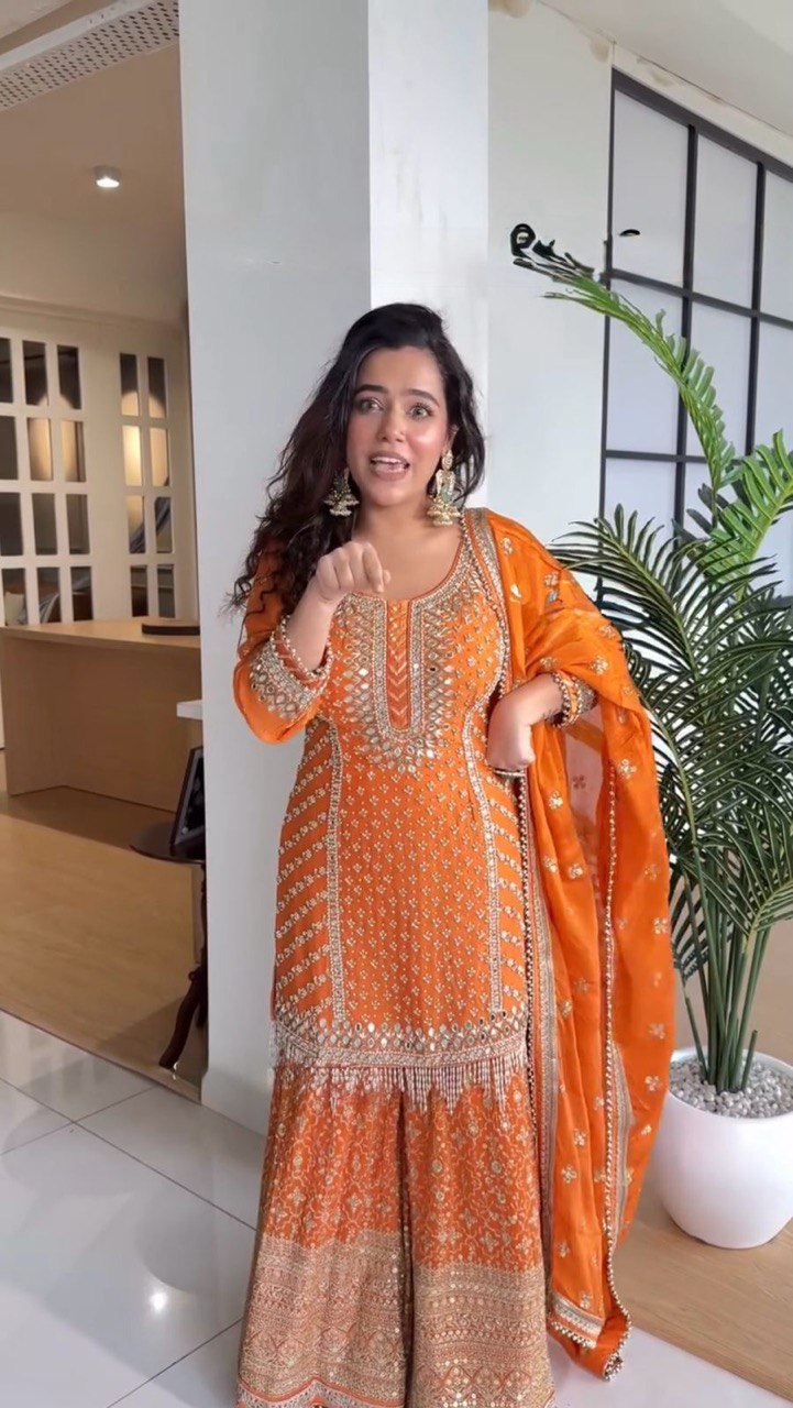 "Elegant Sequins: Foux Gorgette Top & Sharara Set"