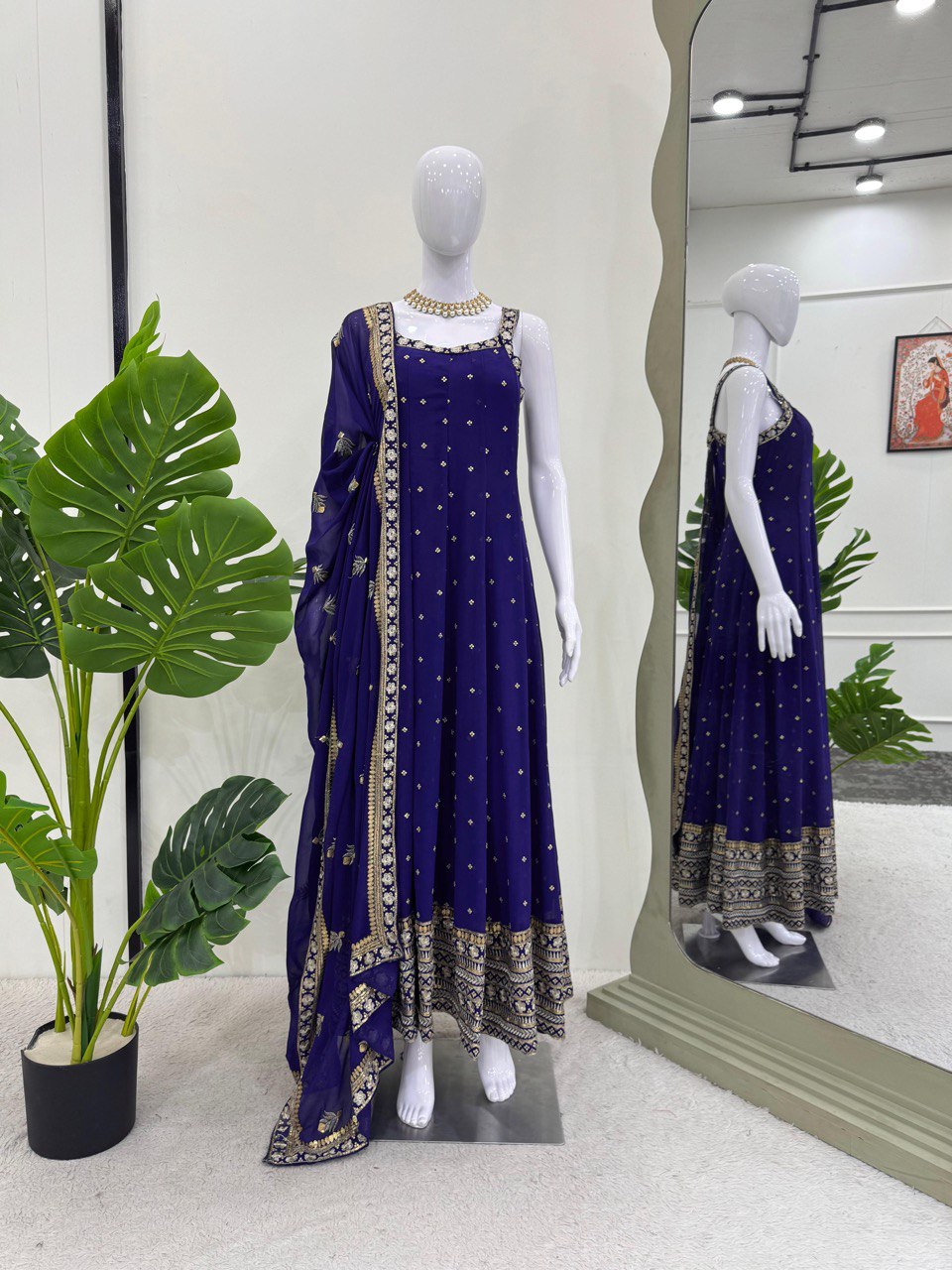 "Elegant Foux Gorgette Ensemble with Sequins and Lace Detailing"
