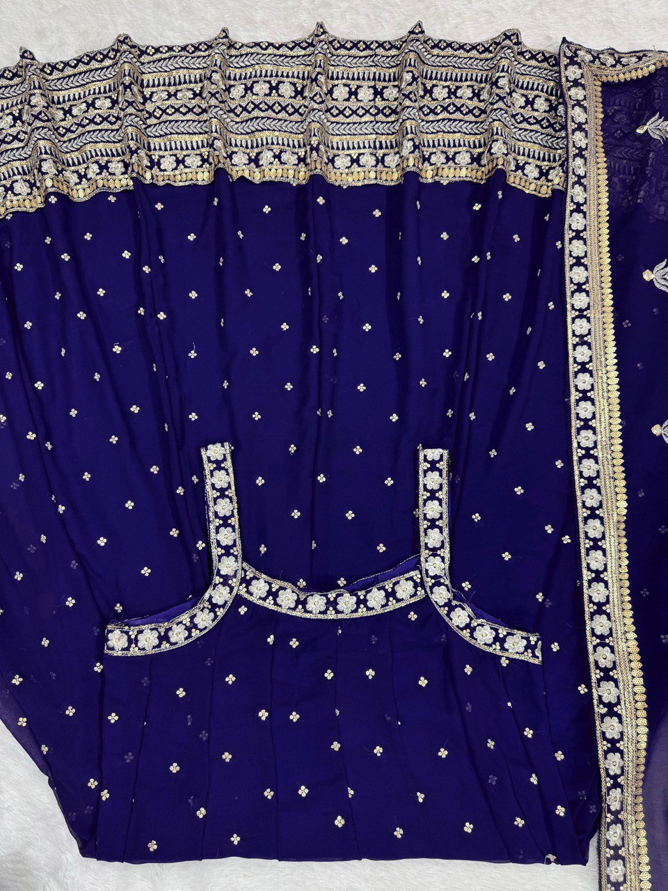 "Elegant Foux Gorgette Ensemble with Sequins and Lace Detailing"