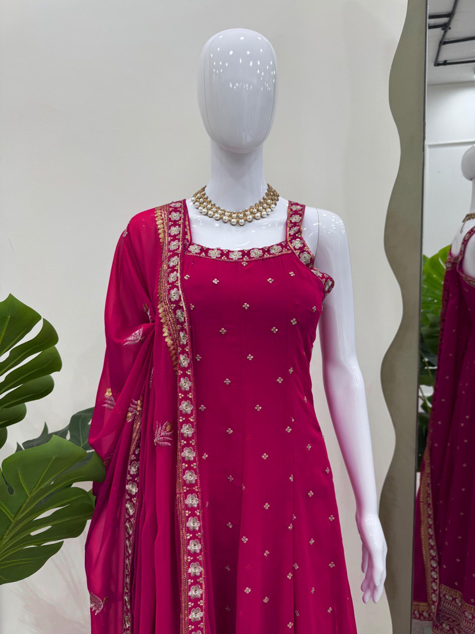 "Elegant Foux Gorgette Ensemble with Sequins and Lace Detailing"