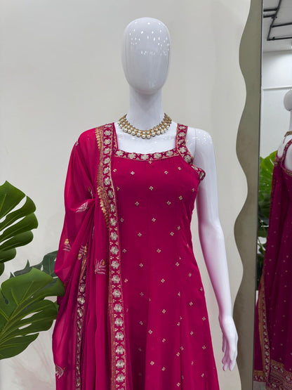 "Elegant Foux Gorgette Ensemble with Sequins and Lace Detailing"
