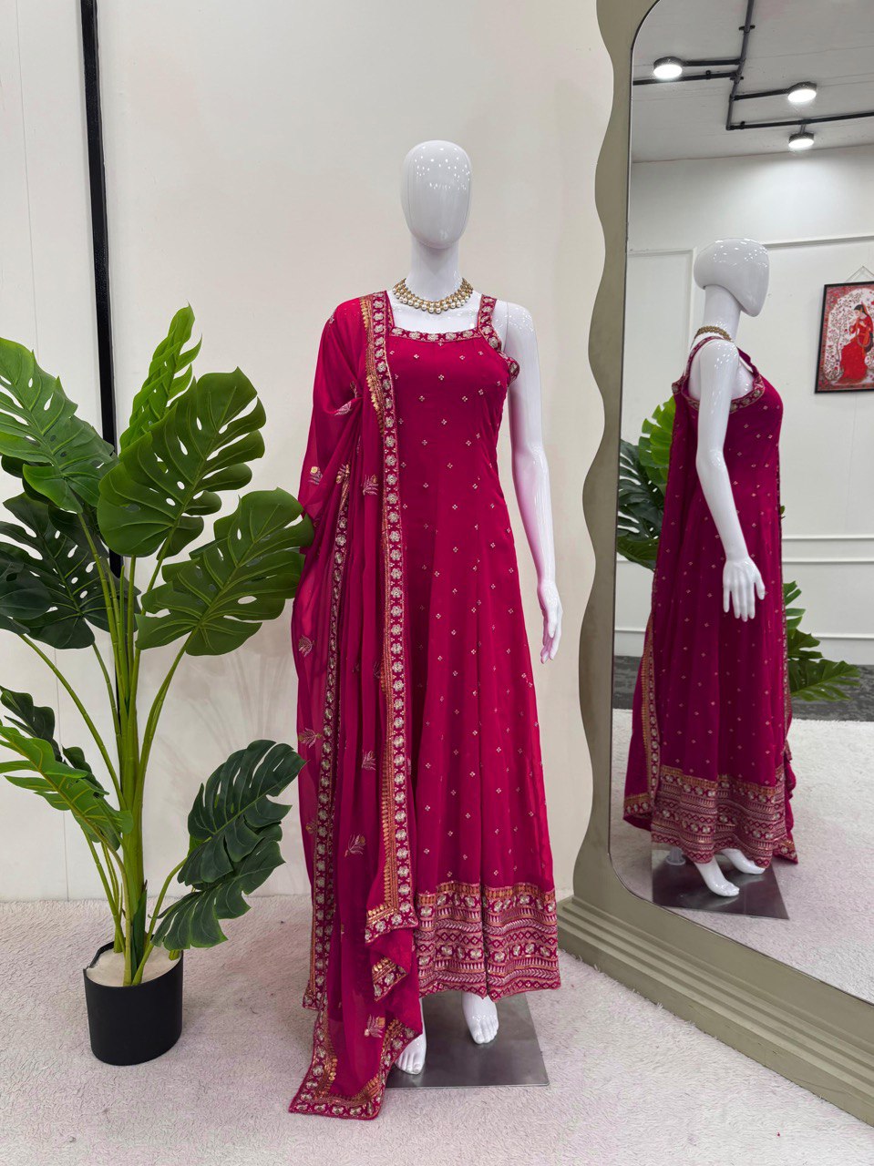 "Elegant Foux Gorgette Ensemble with Sequins and Lace Detailing"
