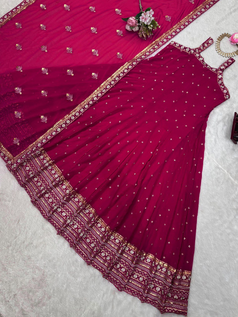 "Elegant Foux Gorgette Ensemble with Sequins and Lace Detailing"