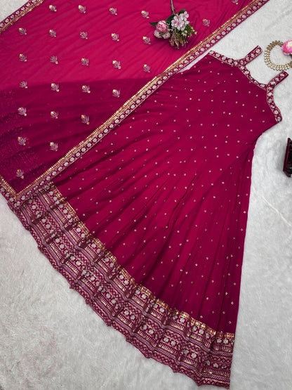 "Elegant Foux Gorgette Ensemble with Sequins and Lace Detailing"