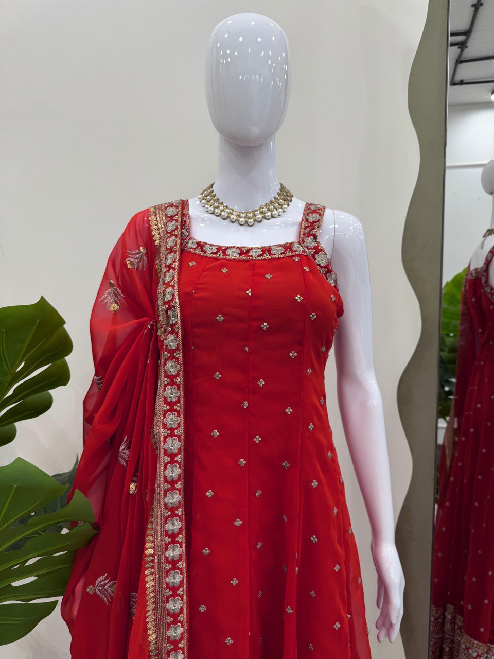 "Elegant Foux Gorgette Ensemble with Sequins and Lace Detailing"