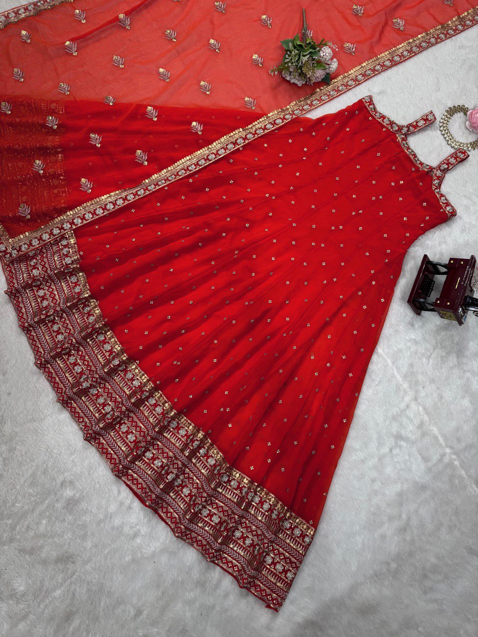 "Elegant Foux Gorgette Ensemble with Sequins and Lace Detailing"