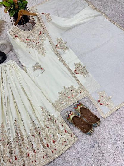 Wedding wear chinnon silk hand embroidered kurta palazzo with dupatta sets