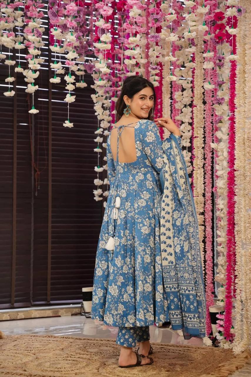 Flower print Pure cotton anarkali kurta pant with dupatta sets