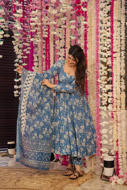 Flower print Pure cotton anarkali kurta pant with dupatta sets