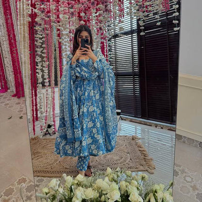 Flower print Pure cotton anarkali kurta pant with dupatta sets