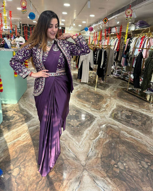 "Elegant Satin Embroidered Saree with Jalpari Jacket and Embroidery Belt"