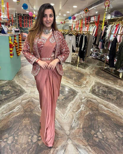 "Elegant Satin Embroidered Saree with Jalpari Jacket and Embroidery Belt"