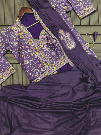"Elegant Satin Embroidered Saree with Jalpari Jacket and Embroidery Belt"
