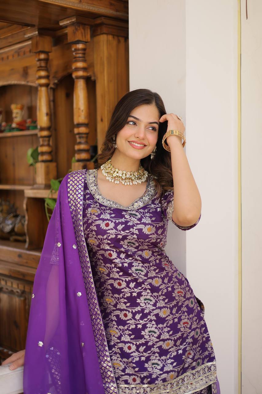 Designer Gharara Set with Sequins & Zari Embroidery – Viscose Jacquard Collection