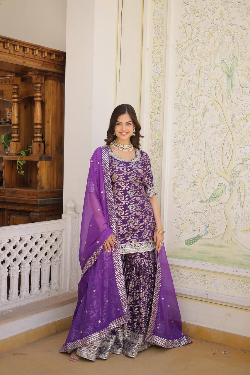 Designer Gharara Set with Sequins & Zari Embroidery – Viscose Jacquard Collection