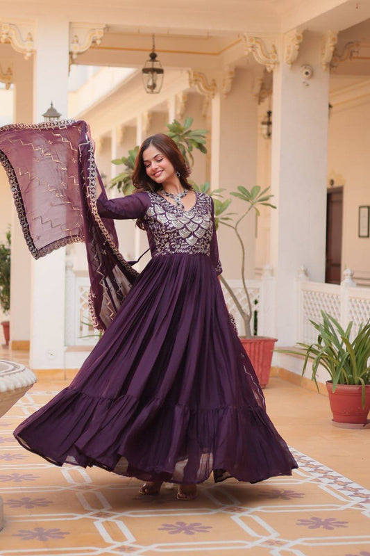 Pure Star Georgette Gown with Heavy Sequence Embroidery and Matching Dupatta