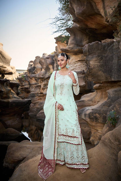 "Elegant Foux Gorgette Sharara Set with Intricate Thread and Sequence Work"