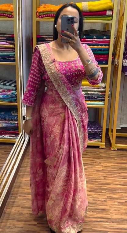 "Beautifully Embroidered Apple Organza Saree with Jalpari Blouse & Belt"