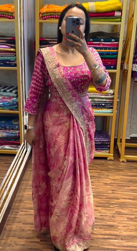 "Beautifully Embroidered Apple Organza Saree with Jalpari Blouse & Belt"