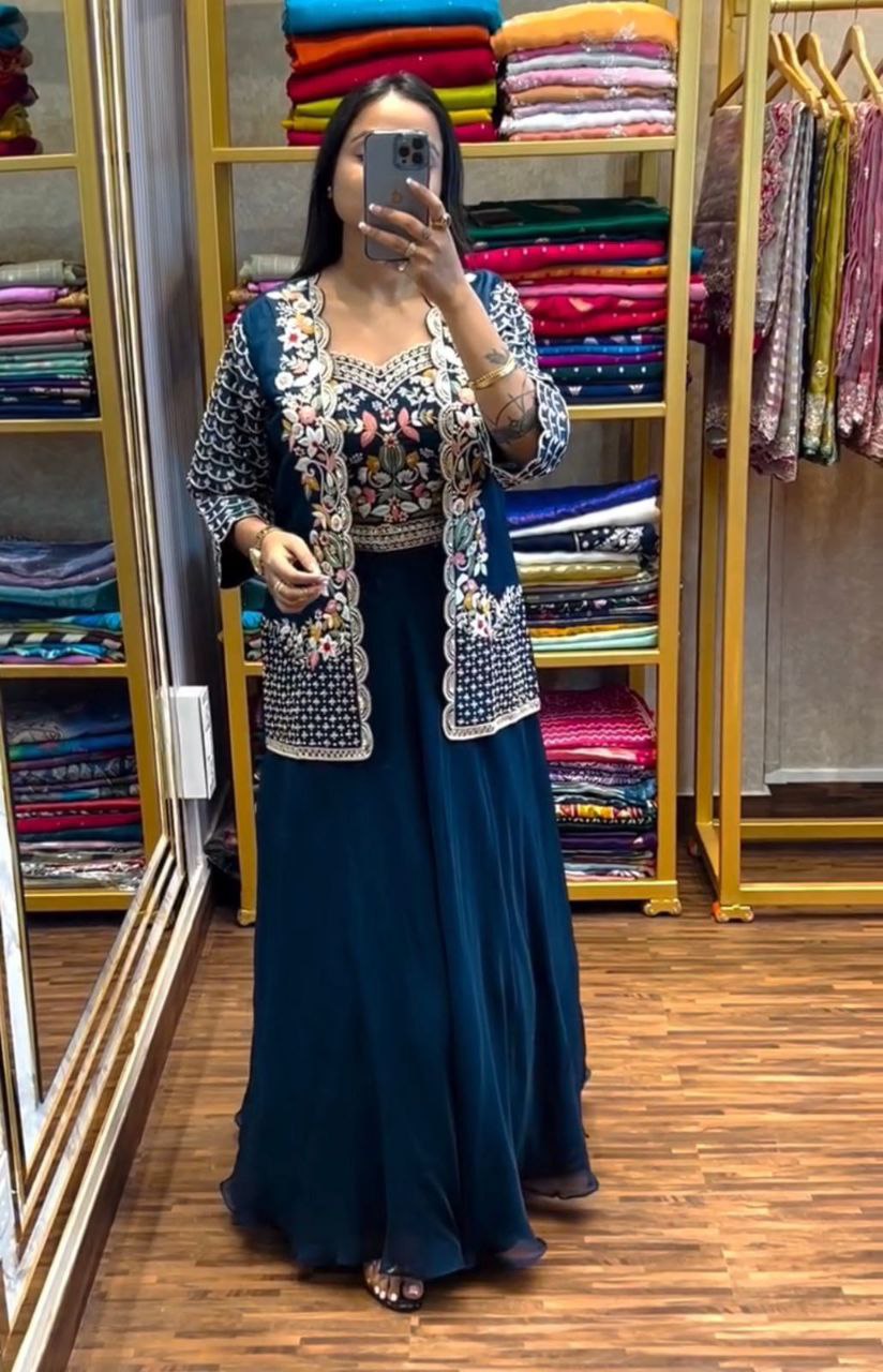 "Elegant Chinon Lehenga Set with Fully Stitched Jacket & Embroidered Blouse"