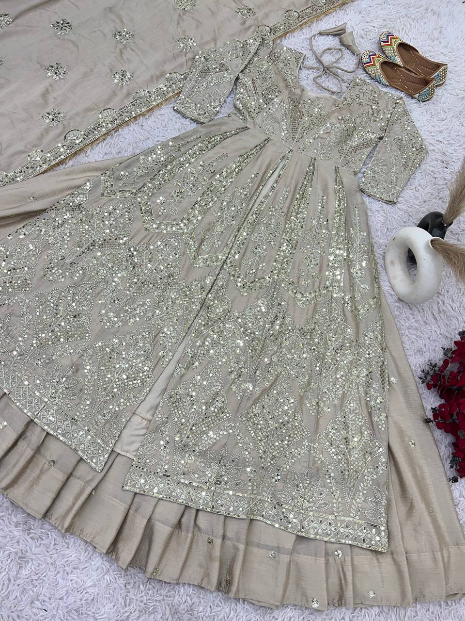 Elegant Pure Chinnon Silk Lehenga Set with Embroidered Top and Dupatta