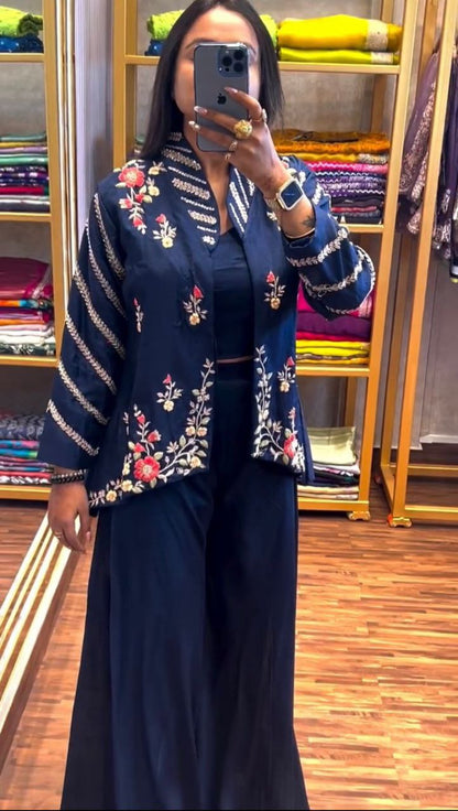 "Elegant Chinon Palazzo & Koti Set with Embroidered Blouse "