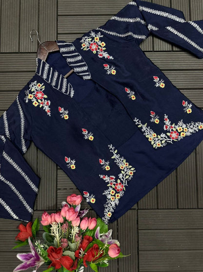 "Elegant Chinon Palazzo & Koti Set with Embroidered Blouse "