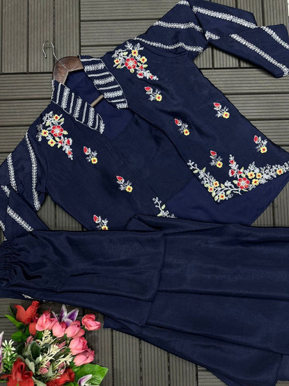 "Elegant Chinon Palazzo & Koti Set with Embroidered Blouse "