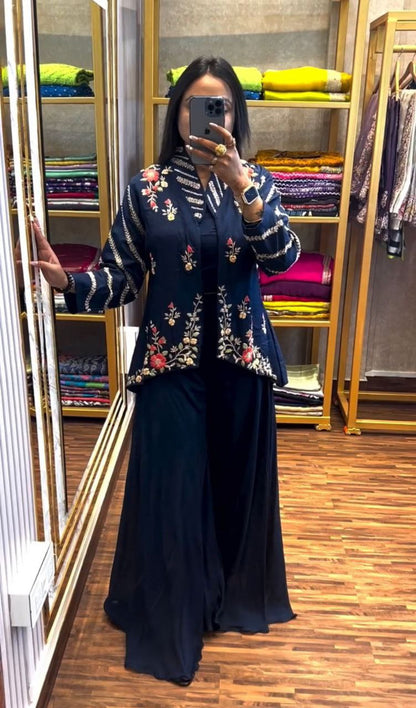 "Elegant Chinon Palazzo & Koti Set with Embroidered Blouse "