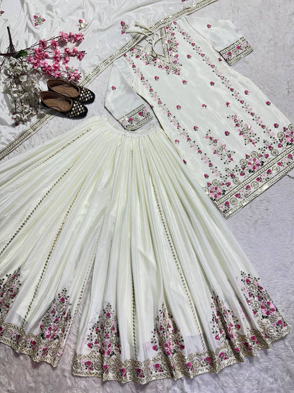 Pure Heavy Chinnon Silk Embroidered Top, Plazzo & Dupatta Set
