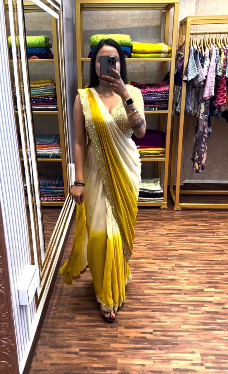 "Elegant Heavy Chinon Saree with Mirror Embroidery and Digital Print"