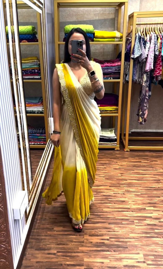 "Elegant Heavy Chinon Saree with Mirror Embroidery and Digital Print"