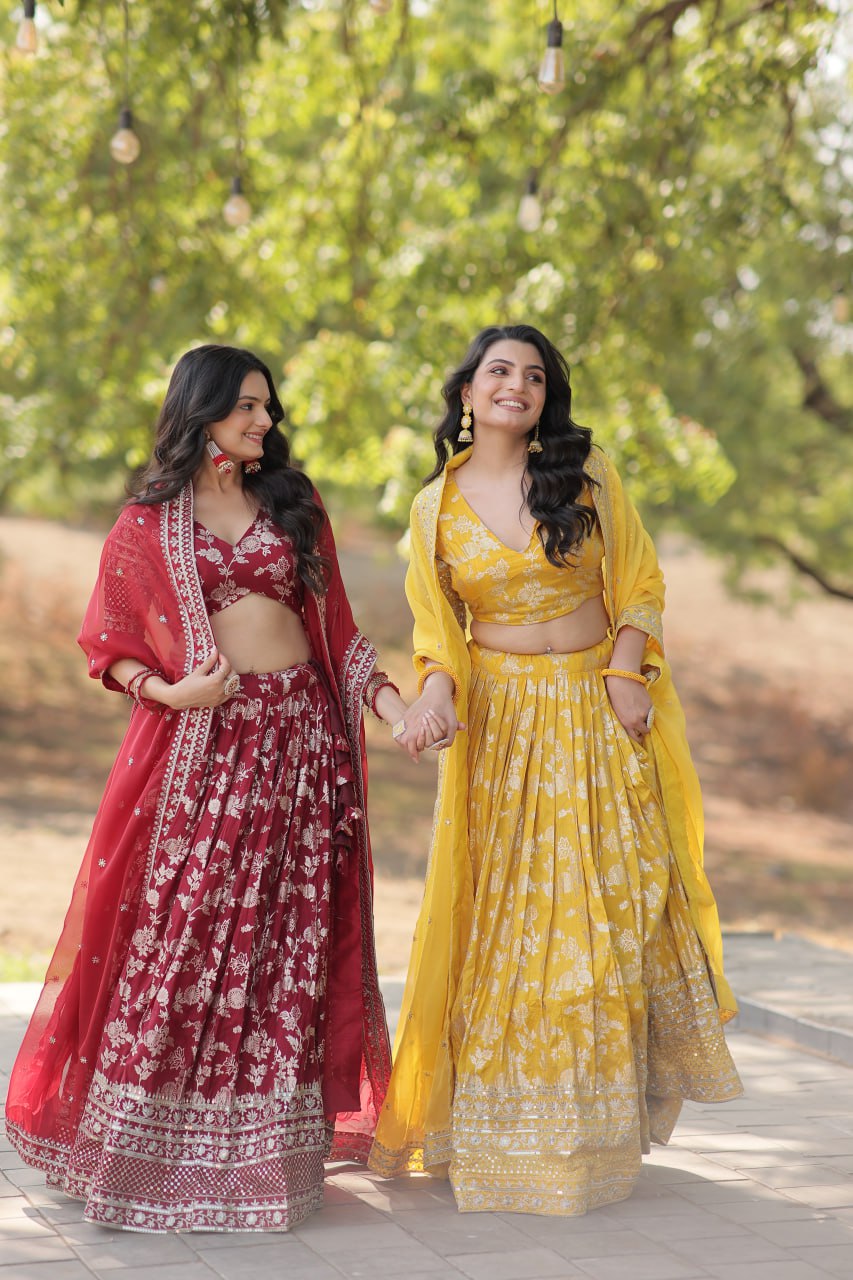 Pure Dyable Viscose Jacquard with Embroidered Sequins Work Blouse with Lehenga