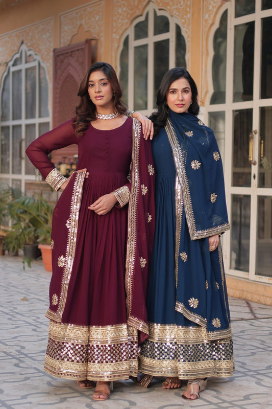"Elegant Faux Blooming Embroidered Gown with Sequins & Designer Dupatta Set"