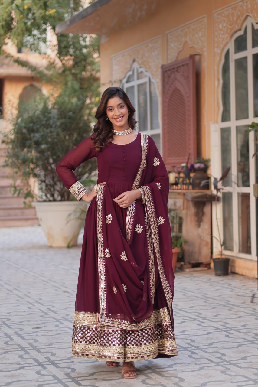 "Elegant Faux Blooming Embroidered Gown with Sequins & Designer Dupatta Set"