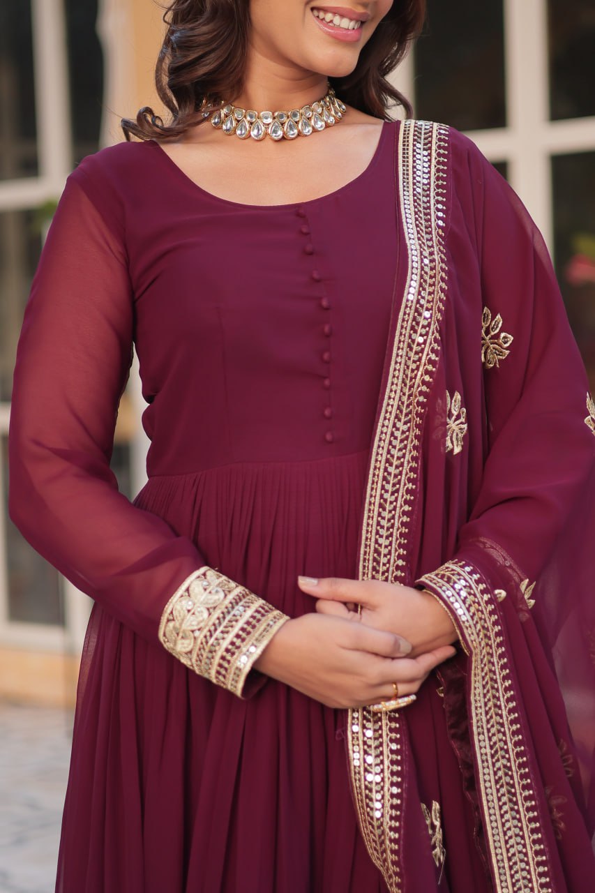 "Elegant Faux Blooming Embroidered Gown with Sequins & Designer Dupatta Set"