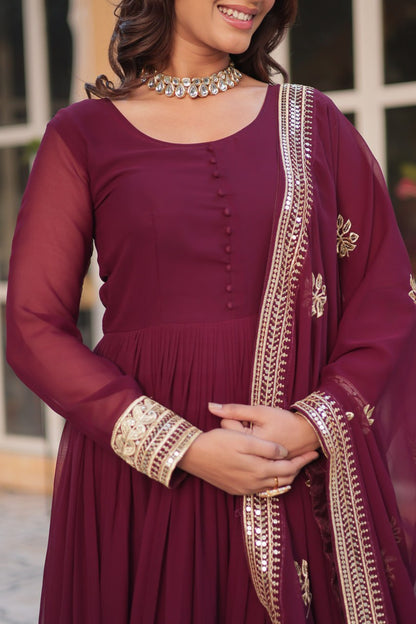 "Elegant Faux Blooming Embroidered Gown with Sequins & Designer Dupatta Set"