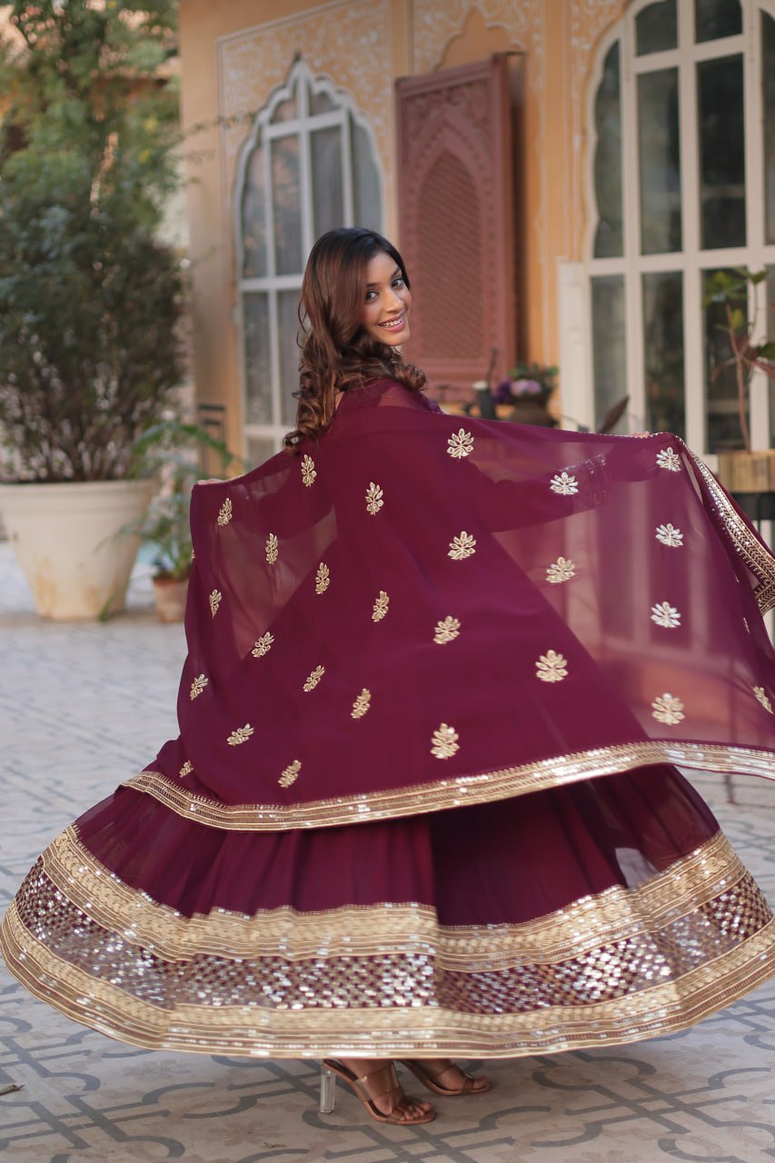 "Elegant Faux Blooming Embroidered Gown with Sequins & Designer Dupatta Set"