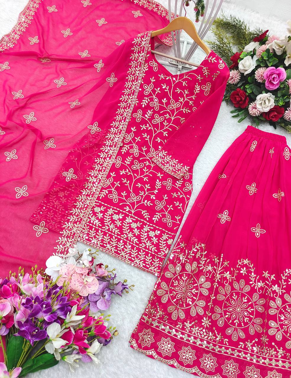"Elegant Embroidered Georgette Ensemble: Top, Plazzo & Dupatta Set"