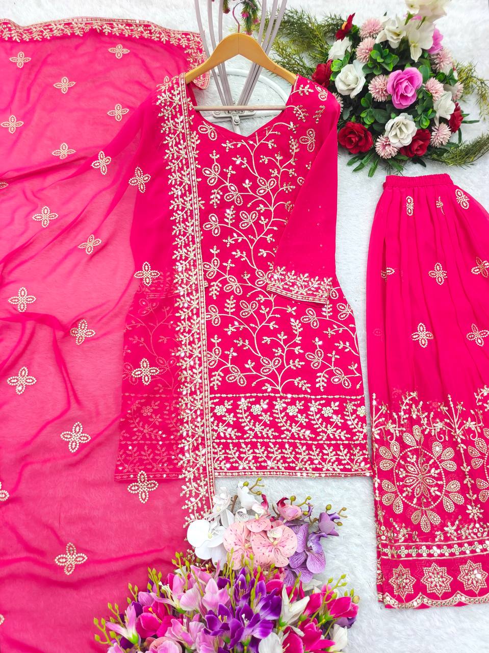 "Elegant Embroidered Georgette Ensemble: Top, Plazzo & Dupatta Set"