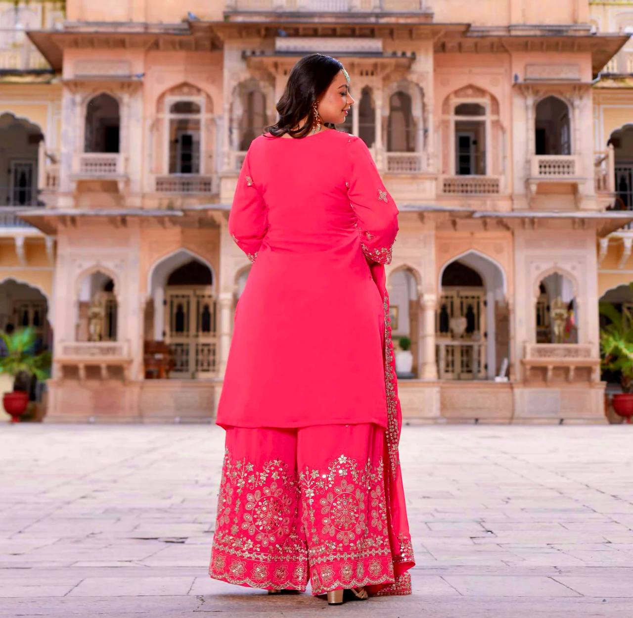 "Elegant Embroidered Georgette Ensemble: Top, Plazzo & Dupatta Set"