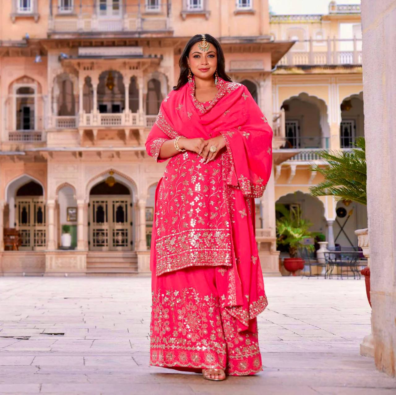 "Elegant Embroidered Georgette Ensemble: Top, Plazzo & Dupatta Set"