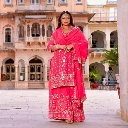 "Elegant Embroidered Georgette Ensemble: Top, Plazzo & Dupatta Set"