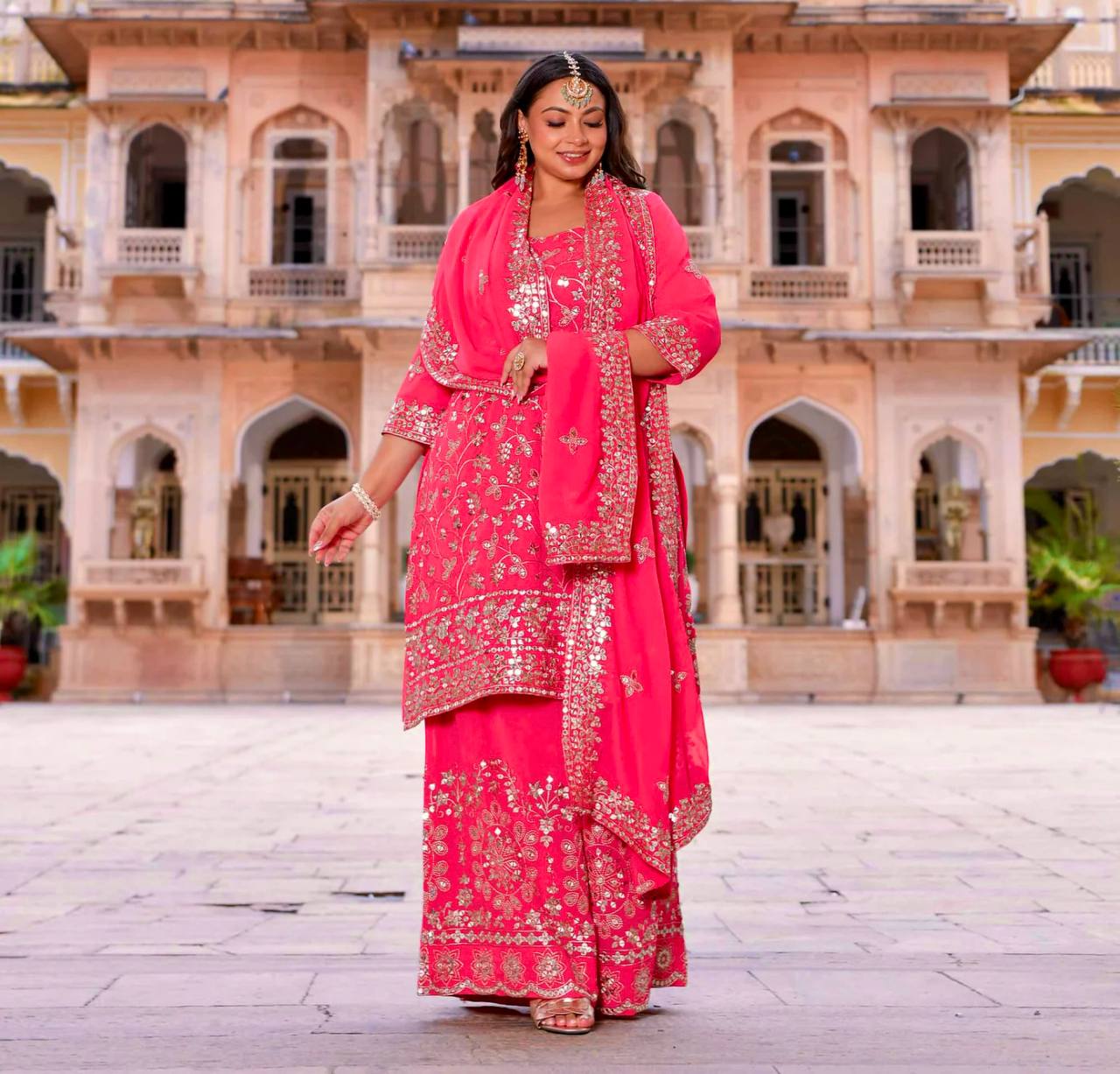 "Elegant Embroidered Georgette Ensemble: Top, Plazzo & Dupatta Set"