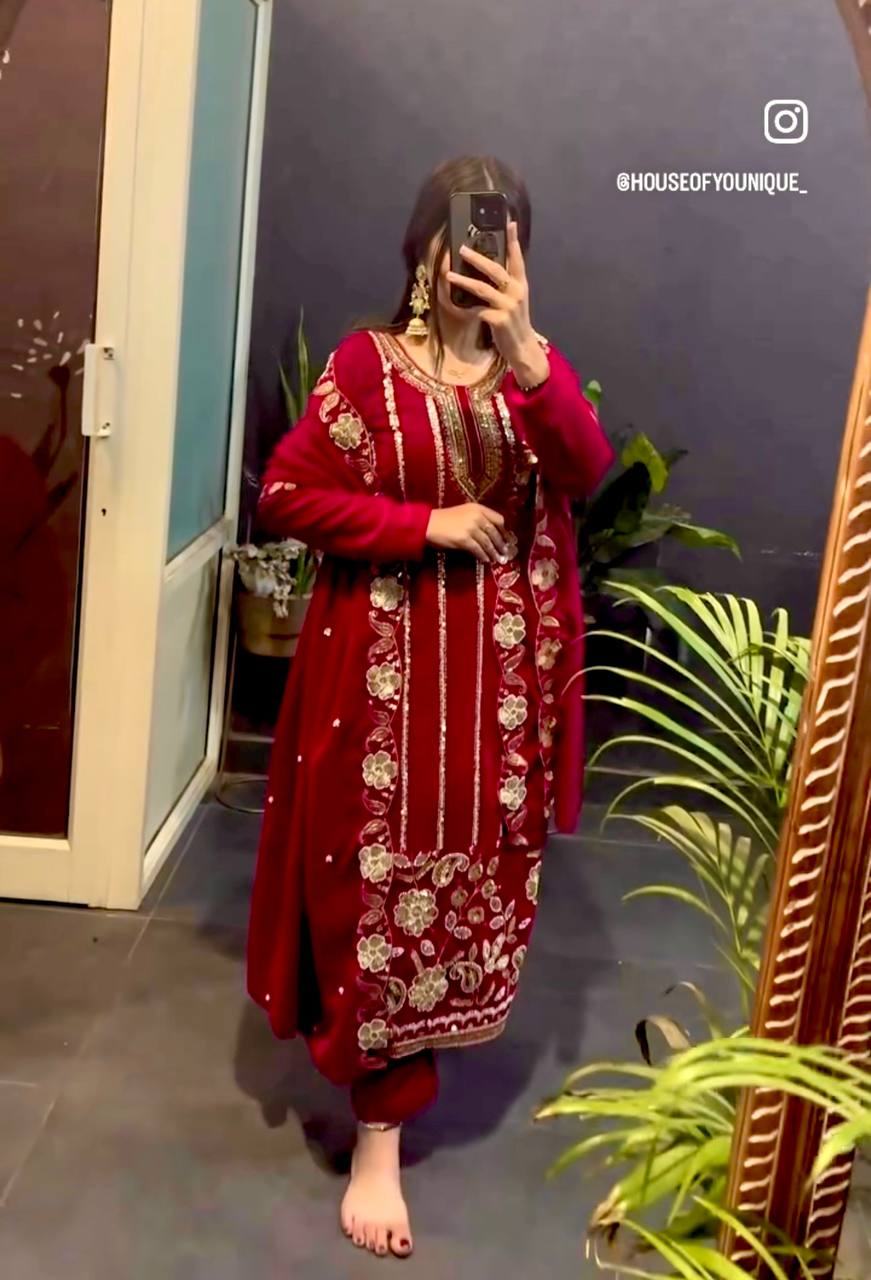 Premium Velvet Embroidered Top & Bottom Set