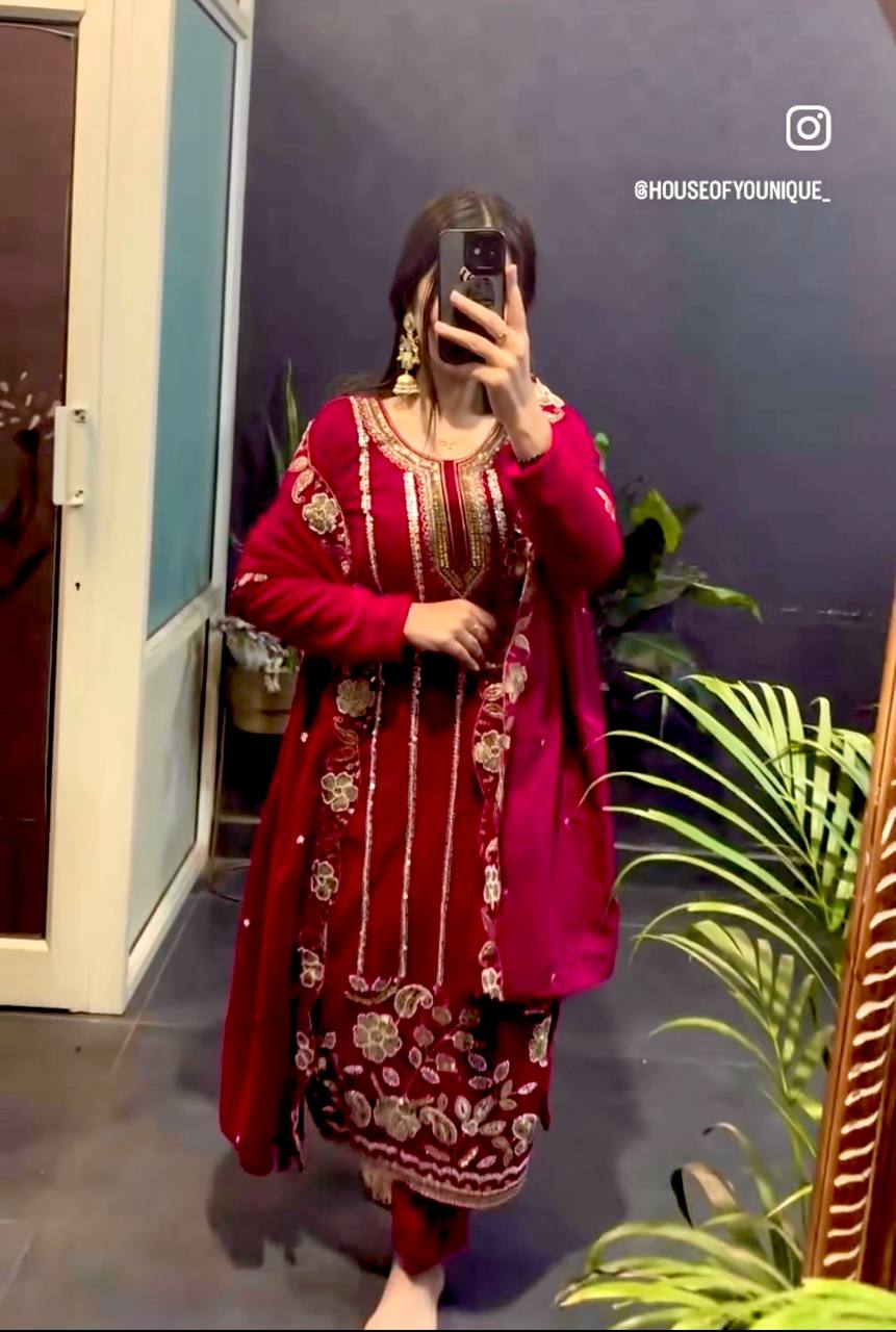 Premium Velvet Embroidered Top & Bottom Set