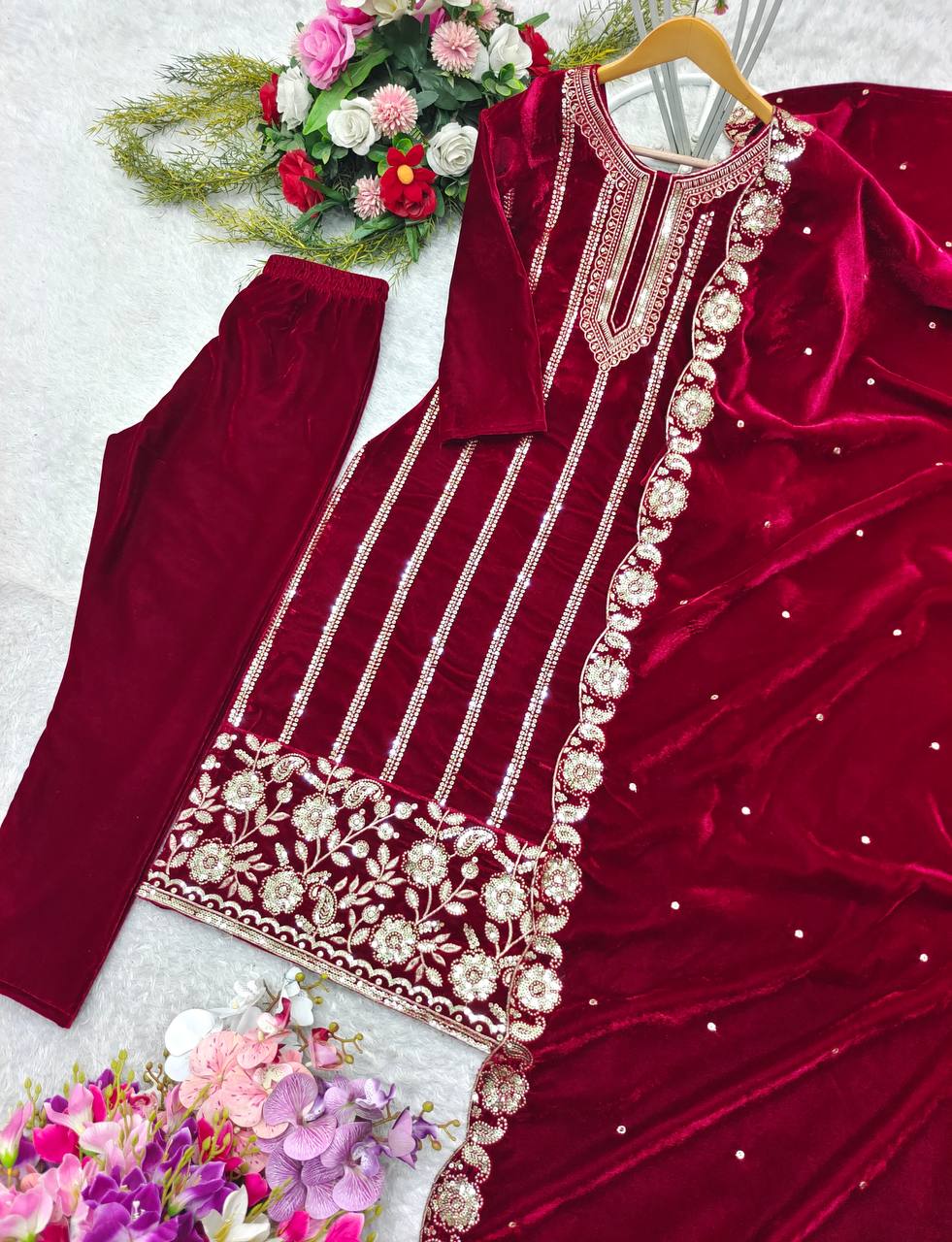Premium Velvet Embroidered Top & Bottom Set