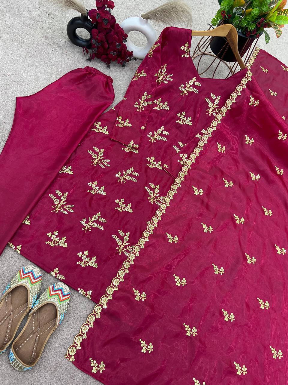 "Elegant Soft Gold Crush Ensemble with Intricate Embroidery"