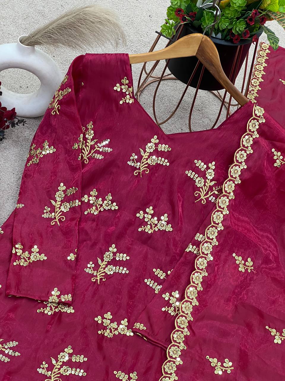 "Elegant Soft Gold Crush Ensemble with Intricate Embroidery"